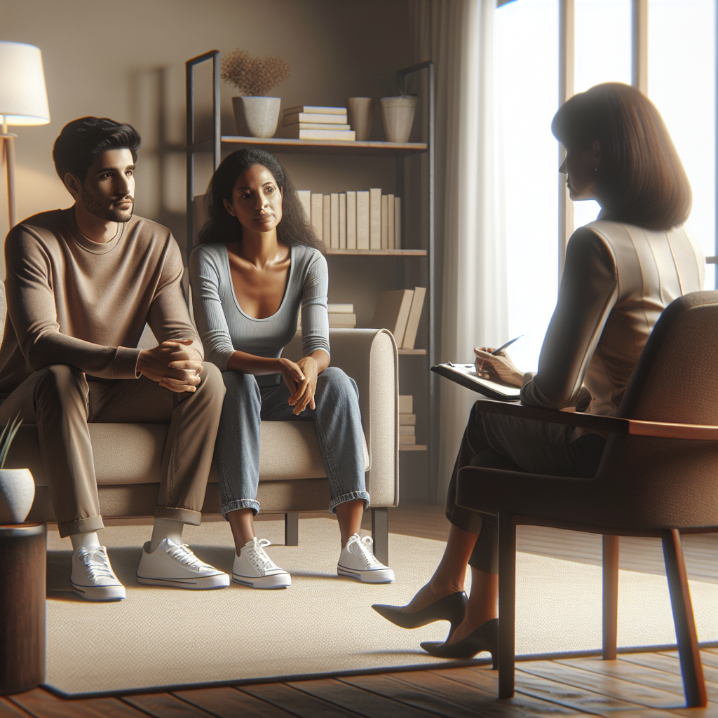Realistic stock image of couple in therapy session.